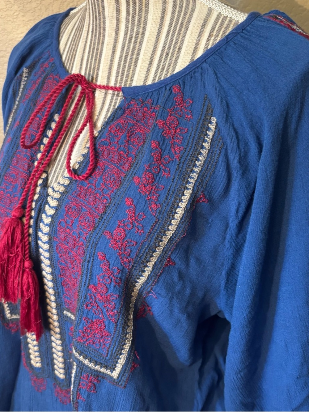 Hazel Boho Top Large Blue Embroidered Peasant Tunic Magenta Tassels 3/4 Sleeves - Picture 8 of 16